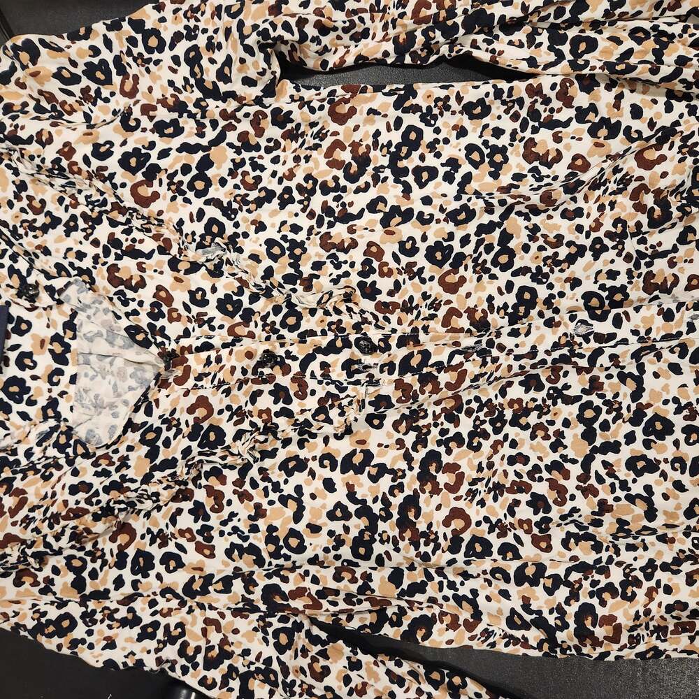 Maeve Anthropologie Women's Size 10 Button Up Blouse Tan Leopard Print Ruffle